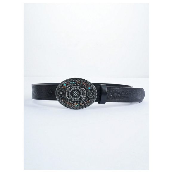 Women's Rhinestone Buckle Belt Floral Embossed Turquoise Leather Belt Cowgirl💝 - Picture 4 of 5